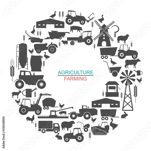 Circle frame with icons of agriculture and farming. Illustration or background for eco products and agricultural presentation.