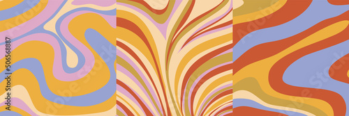 Groovy poster y2k retro background swirl set for print design. Spiral vector illustration. Psychedelic print. Vintage background. Cover, poster, wallpaper. 60s, 70s, hippie.