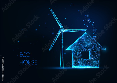 Futuristic eco home with renewable energy sources concept with glowing house and wind turbine 