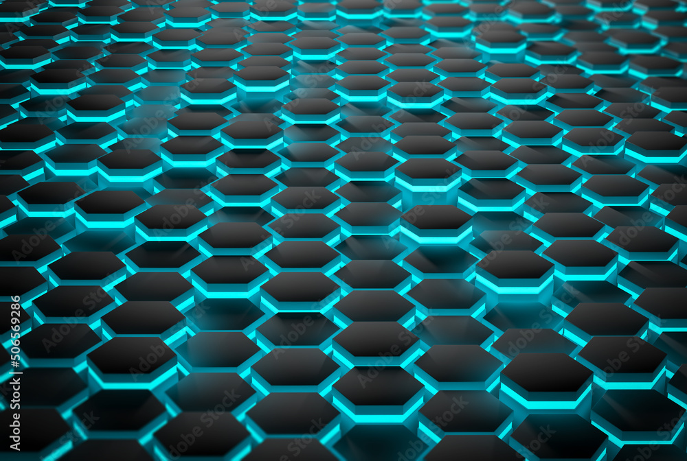 Hexagonal shapes background with blue lighting