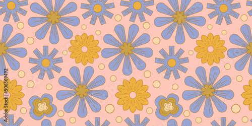 Groovy y2k retro seamless pattern with flower, rainbow. Retro vector illustration. Groovy flower background. Colorful hippie seamless pattern illustration