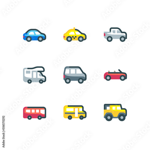 Car and road transportation icon set with taxi and bus vector icons