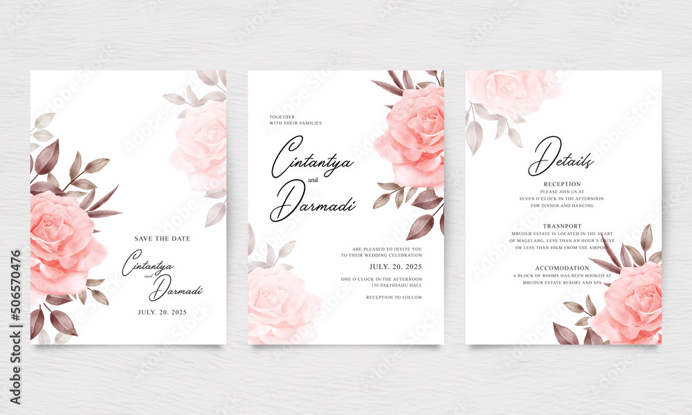 Three sided wedding invitation template set with elegant rose watercolor