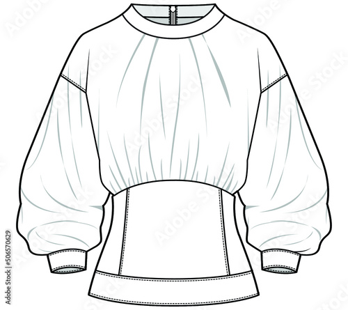 women puff sleeve crew neck drop shoulder blouse top fashion flat sketch vector illustration. garment template. cad mockup.