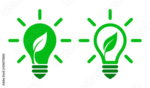 Green energy eco light bulb logo with a growing leaf. Ecological electricity concept vector icon.