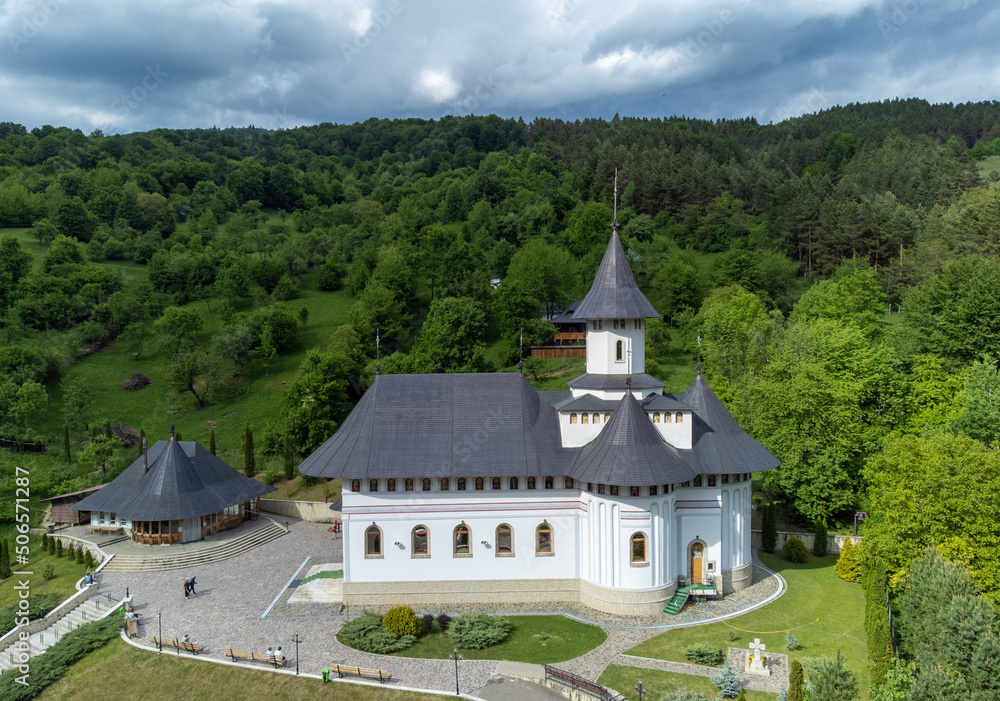 Landscape with the Pangarati Orthodox Monastery in Romania seen from above