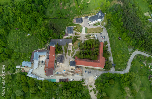 Landscape with the Pangarati Orthodox Monastery in Romania seen from above