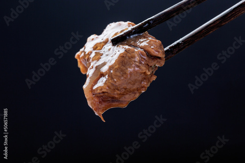 Cooked beef macro closeup, canned beef
