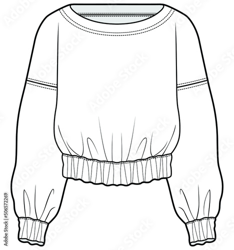 women drop shoulder long sleeve boat neck sweat shirt, blouse with elastic gathered details fashion flat sketch vector illustration apparel template. cad mockup. 