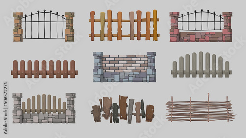 Set of different fences made of wood, stone, metal. Vector illustration.