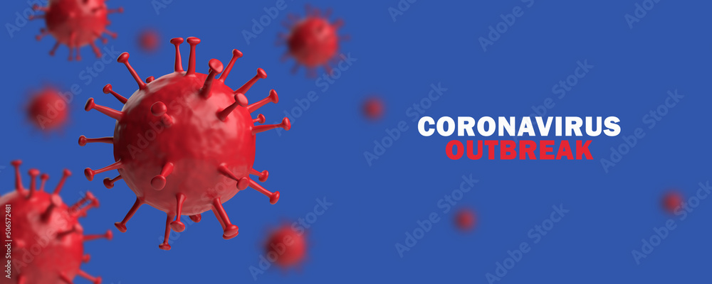 Covid-19 3D rendering. Realistic Covid red on a blue background. Horizontal banner, poster, website header. Covid-19 3D rendering. Realistic Covid red on a blue background. Horizontal banner, poster, website header.