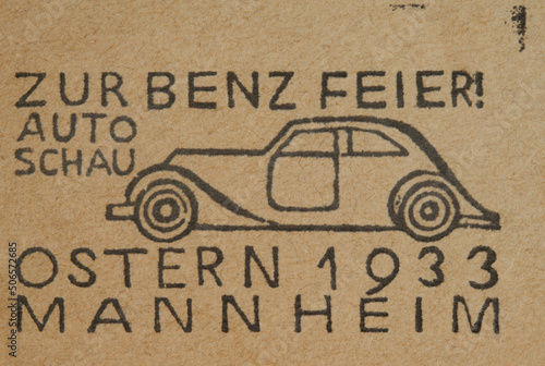 Fotografie, Obraz briefmarke stamp vintage retro alt old braun brown auto car slogan werbung zur b