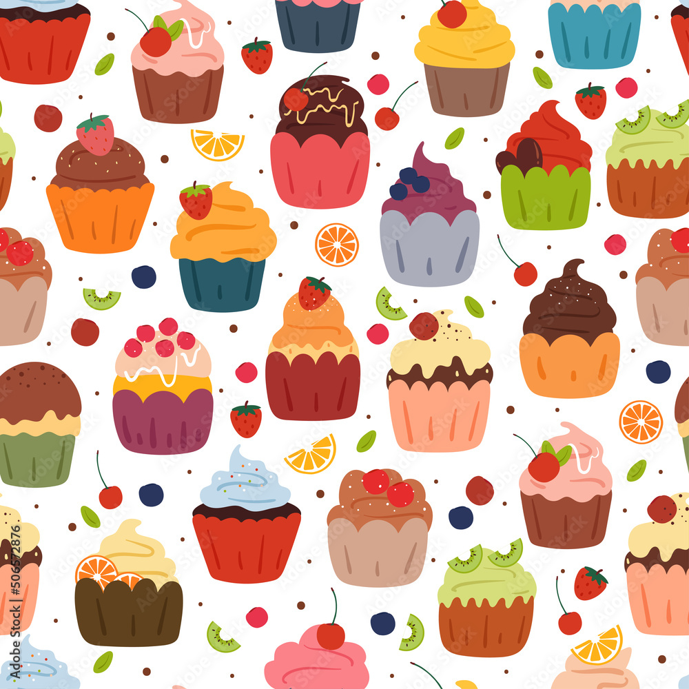 seamless pattern hand drawing cartoon cupcake and fruit seamless pattern hand drawing cartoon cupcake and fruit