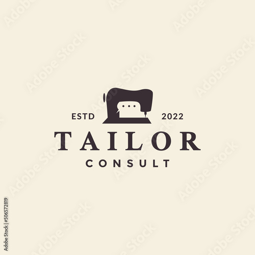 traditional sewing machine with talk logo design vector graphic symbol icon illustration creative idea
