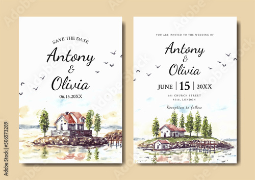 Wedding invitation of nature landscape with house and dock view watercolor