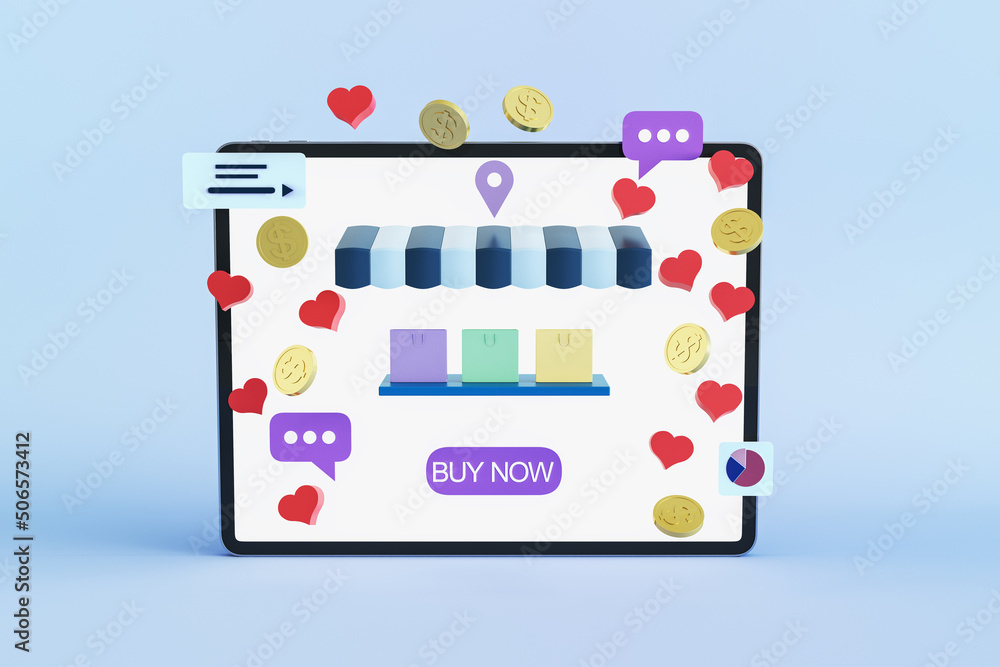 Digital tablet screen with shopping symbols: paper bags, coins and favorite items. Buy now and mobile shopping concept. 3D rendering Digital tablet screen with shopping symbols: paper bags, coins and favorite items. Buy now and mobile shopping concept. 3D rendering