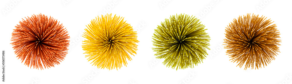 Obraz premium set of different tastes spaghetti top view isolated on white. concept. pompon
