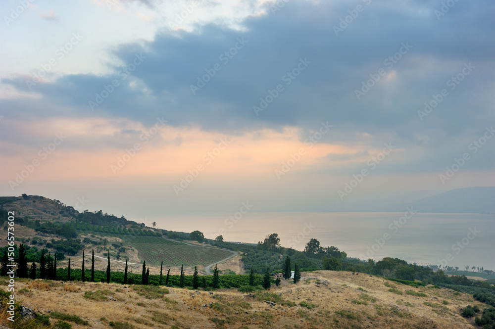 Sunrise on the Sea of Galilee in Israel, the view from the highest point