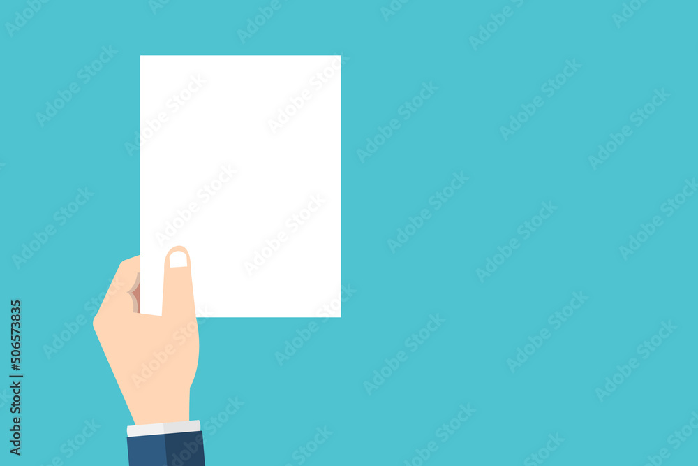 Blank sheet of paper in hand. Empty business document for presentation. Flat vector illustration.