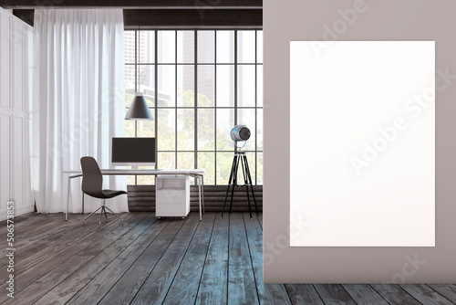 Front view on blank white poster on beige wall in sunny modern interior design room with home office, white wall, big squared window, light curtain and wooden floor. 3D rendering, mock up