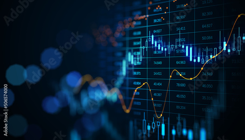 Quadro su tela Blank dark bokeh background with digital financial chart indicators, graphs and candlestick on a side