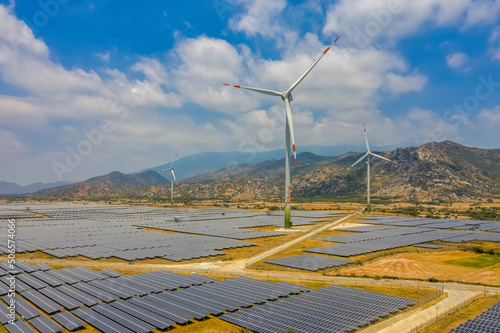 Aerial view of Solar panel, photovoltaic, alternative electricity source - co...