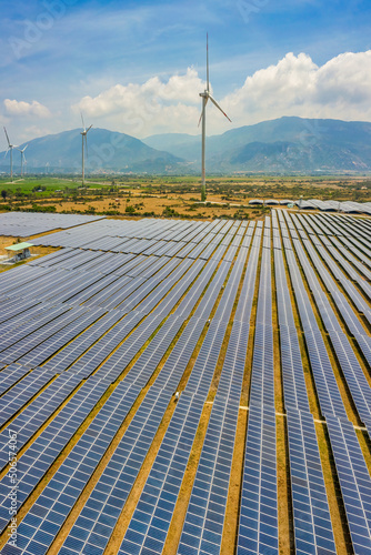 Aerial view of Solar panel, photovoltaic, alternative electricity source - co...