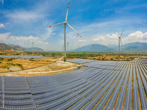 Aerial view of Solar panel, photovoltaic, alternative electricity source - co...