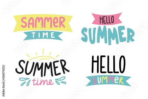 Lettering Hello Summer set on white background Summer banner greeting card Vector illustration in flat style