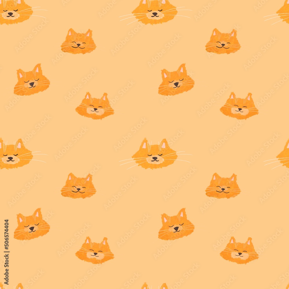 Seamless pattern with cute faces of red cats, red kittens, cute animals in cartoon style. Children's illustration for clothes, fabrics, postcards, packaging.