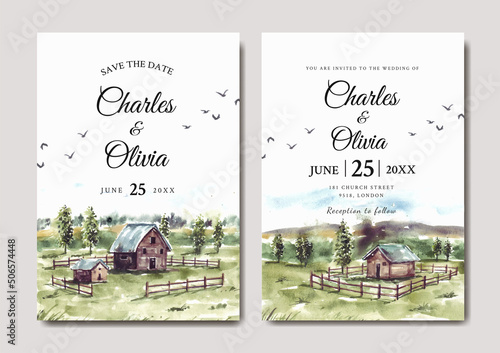 Wedding invitation of green nature landscape with house and farm watercolor