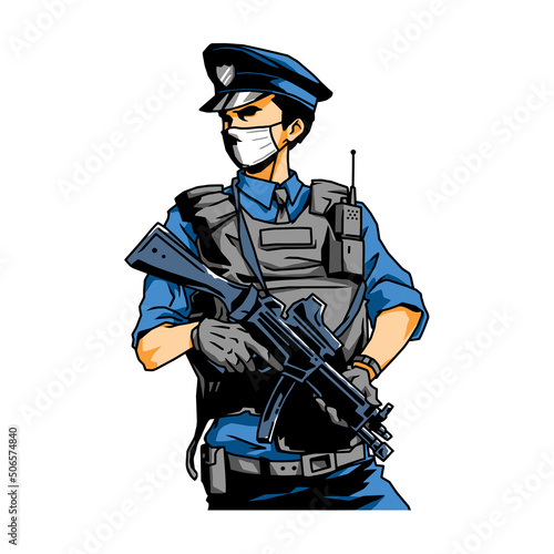 Police officer in wear mask with gun, vector, logo, cartoon, mascot, character