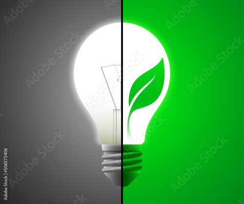 Eco light bulb with a leaf, compared to regular old bulb. Clean green energy concept vector banner.