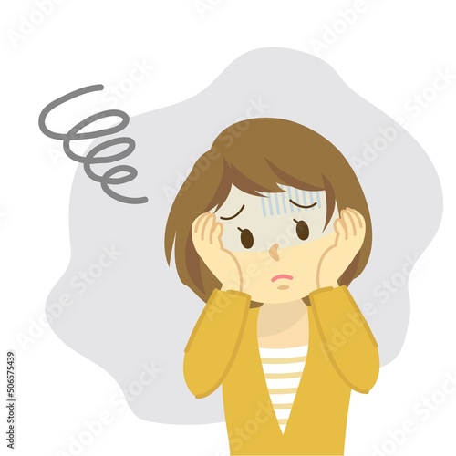 イラスト素材：若い女性が頭を抱えて落ち込む姿/ネガティブ
