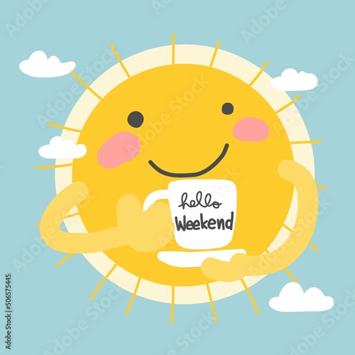 Sun smile and drinking coffee cup in morning cartoon vector illustration