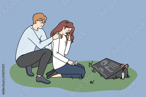 Depressed couple cry at cat gravestone at cemetery. Unwell stressed man and woman owners mourn grieve after domestic pet passing away. Canine memorial. Vector illustration. 