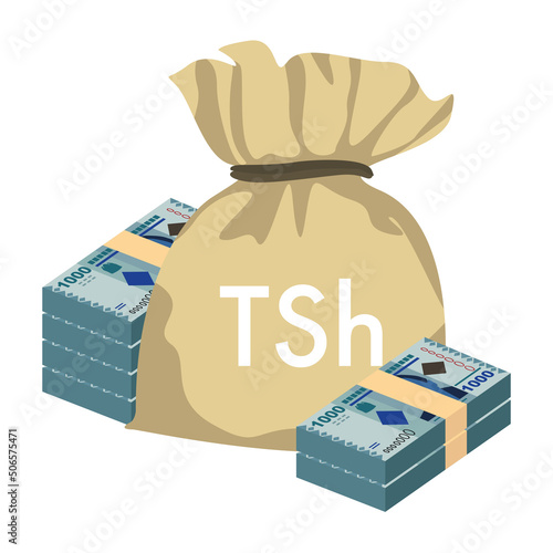 Tanzanian Shilling Vector Illustration. Tanzania money set bundle banknotes. Money bag 1000 TSH. Flat style. Isolated on white background. Simple minimal design.