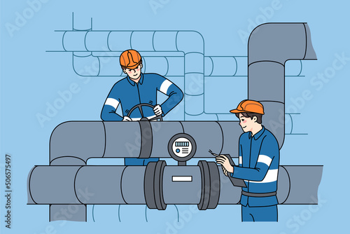 Male workers in uniform inspect and maintain water tubes and pipes. Mechanics control pipeline work, use measuring tools and equipment. Flat vector illustration. 