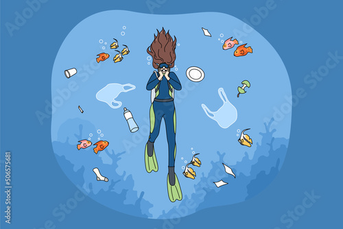 Scuba diver floating in contaminated with plastic garbage sea. Female swimming in ocean see water contamination. Concept of ecological catastrophe and ecosystem. Vector illustration. 