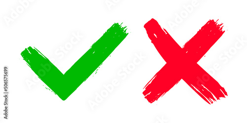 Two dirty grunge hand drawn with brush strokes cross x and tick OK check marks vector illustration isolated on white background. Check mark symbol NO and YES buttons for vote box, web, etc.