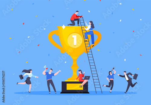 Happy business employee team winners award ceremony flat style design vector illustration. Employee recognition and best worker competition award team celebrating victory winner business concept.