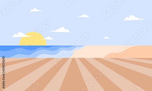 Summer time fun concept design. Creative background of landscape  sea panorama  planks and beach. Summer sale  post template.