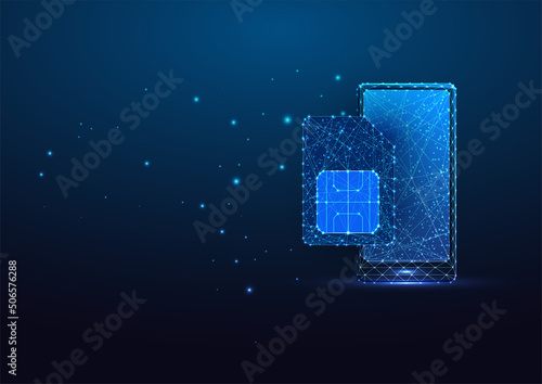 Futuristic smartphone and sim card in glowing low polygonal isolated on dark blue background. 