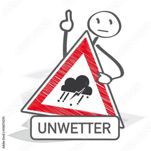 Achtung Unwetterwarnung - Gewitter und Starkregen - Strichmännchen hält Warnschild mit Unwettersymbol