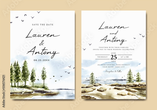 Watercolor wedding invitation with pine trees in lake