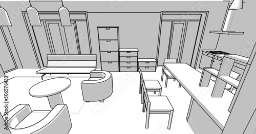 interior kitchen living room 3d illustration