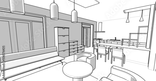 interior kitchen living room 3d illustration