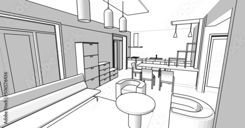 interior kitchen living room 3d illustration