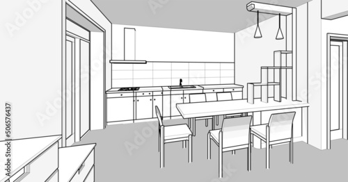 interior kitchen living room 3d illustration