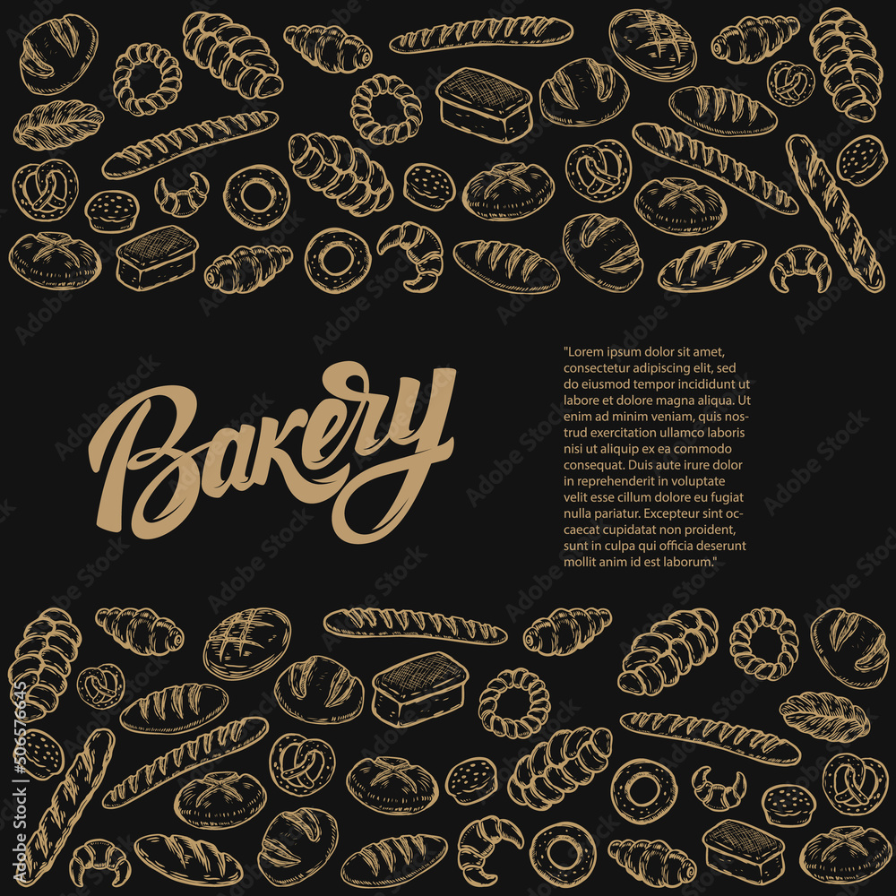 Bakery background with hand drawn bread illustrations. Design element for package, banner, flyer, card. Vector illustration
